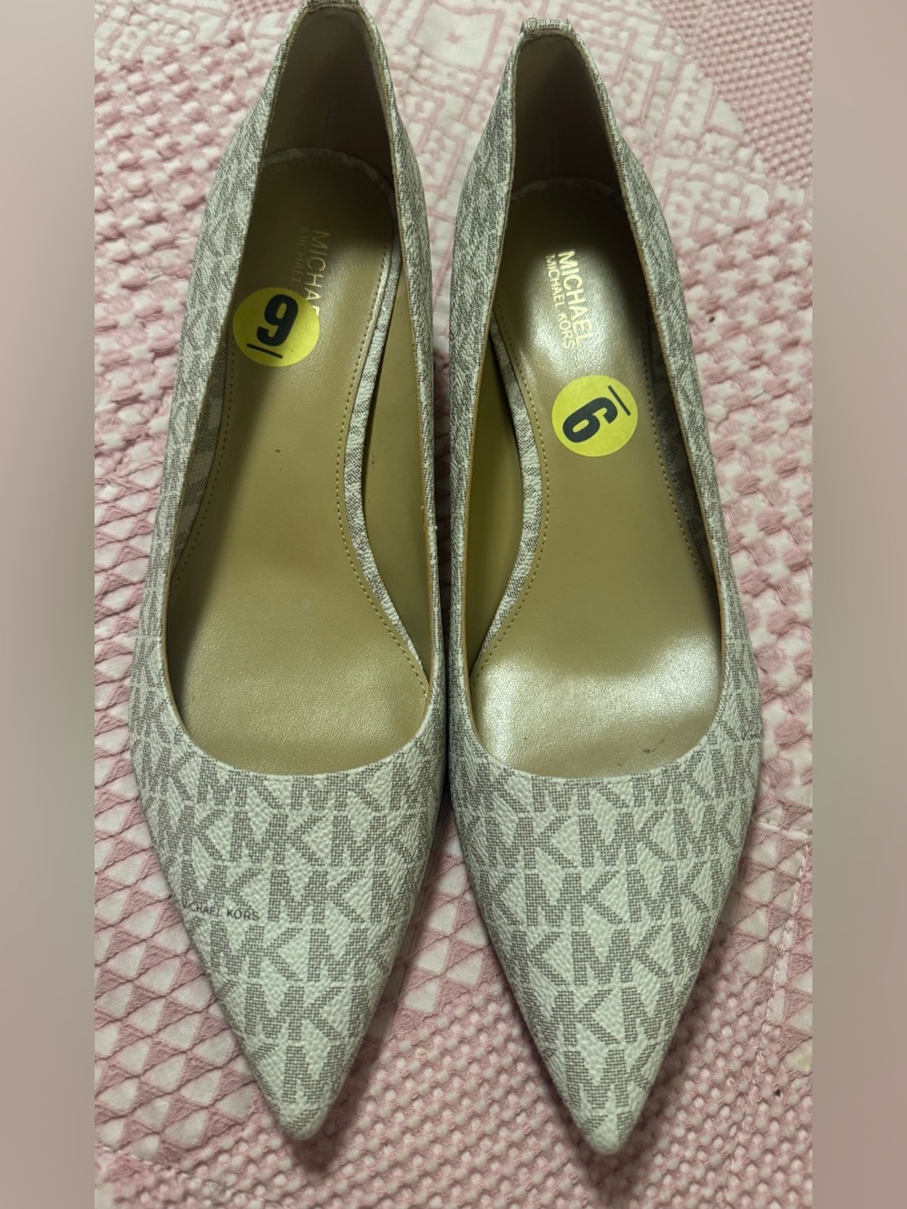 Michael Kors Beige/White MK Logo Pointed Toe Heels